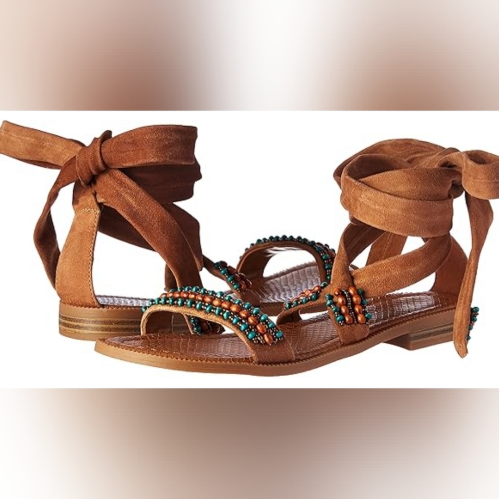 Nine West Xoanna  Suede Brown Beaded Wrap Sandals 11 Boho Southwestern Vacation